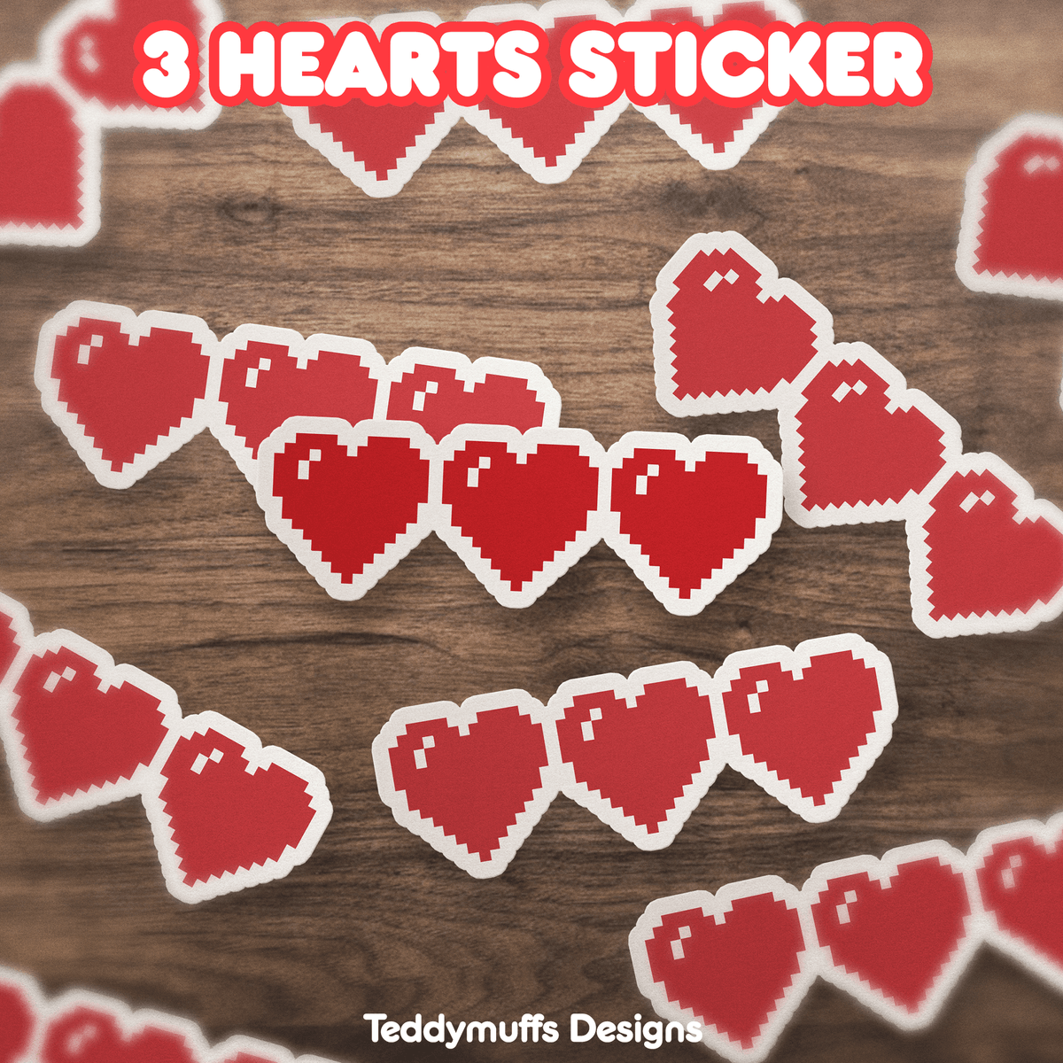 3 Pixel Hearts Sticker - Teddymuffs Designs