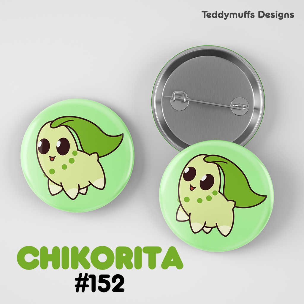 Chikorita Button Pin - Teddymuffs Designs