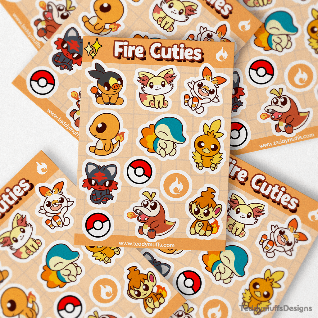 Fire Type | Pokemon Starters | Sticker Sheet - Teddymuffs Designs