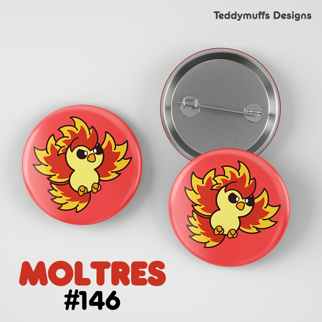 Moltres Button Pin - Teddymuffs Designs
